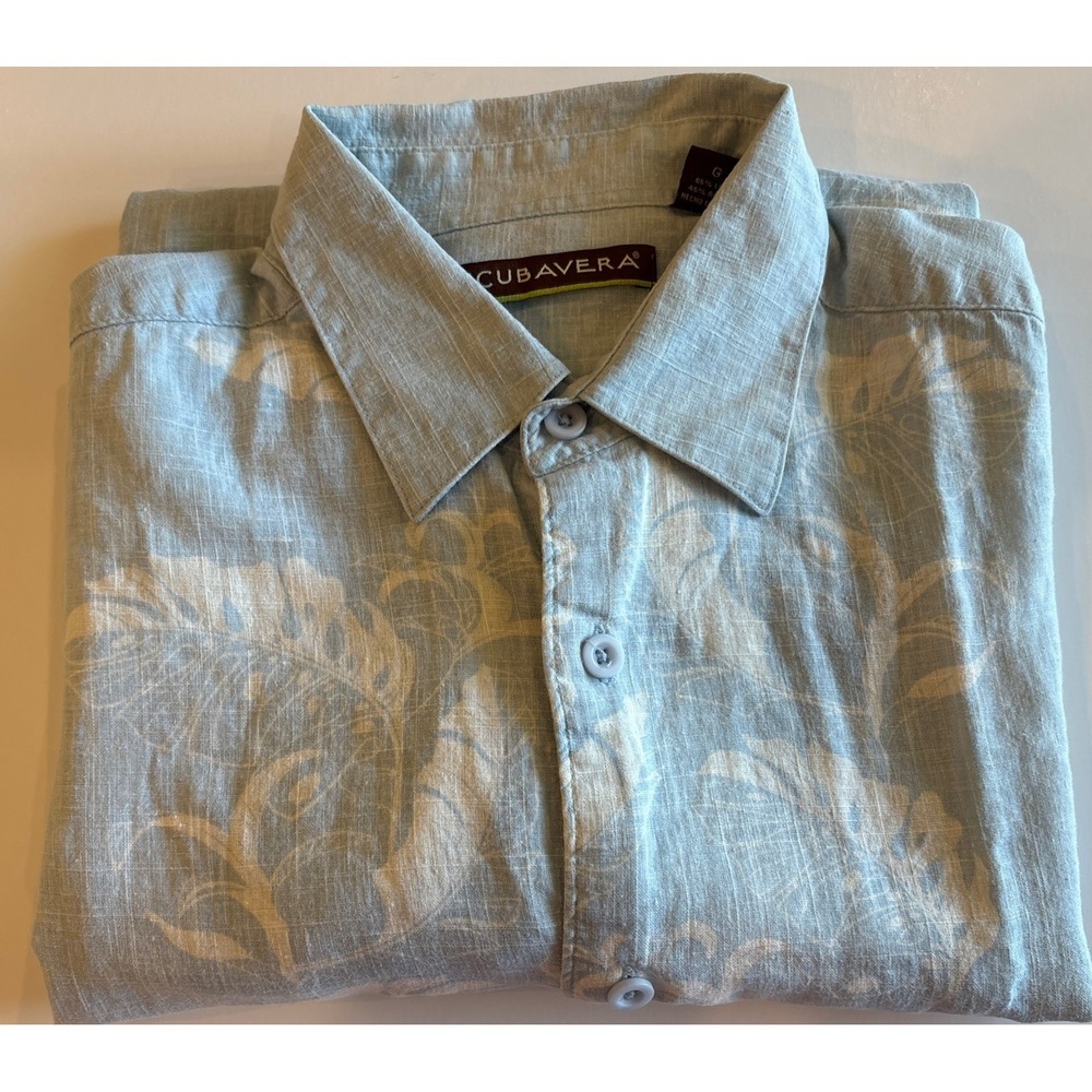 Cubavera Shirt Mens Large Blue Linen Blend Hawaiian Tropical Beach Casual
